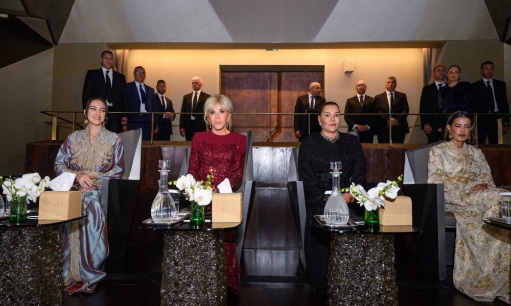 Princesses Lalla Khadija, Lalla Meryem, and Lalla Hasnaa with Brigitte Macron at the Rabat Royal Theater opening