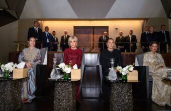 Princesses Lalla Khadija, Lalla Meryem, and Lalla Hasnaa with Brigitte Macron at the Rabat Royal Theater opening