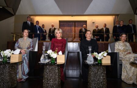 Princesses Lalla Khadija, Lalla Meryem, and Lalla Hasnaa with Brigitte Macron at the Rabat Royal Theater opening