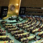 Photo taken on April 7, 2022 shows the voting result of the draft resolution, “Suspension of the rights of membership of the Russian Federation in the Human Rights Council,” during the UN General Assembly Special Emergency Session on Ukraine at the UN headquarters in New York. The UN General Assembly adopted a resolution on Thursday that allows the assembly to suspend the Russian Federation’s membership in the Geneva-based UN Human Rights Council. Photo by Xie E/Xinhua via Getty Images