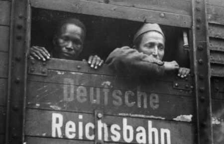Moroccan and French soldiers captured during World War II on a train to Germany