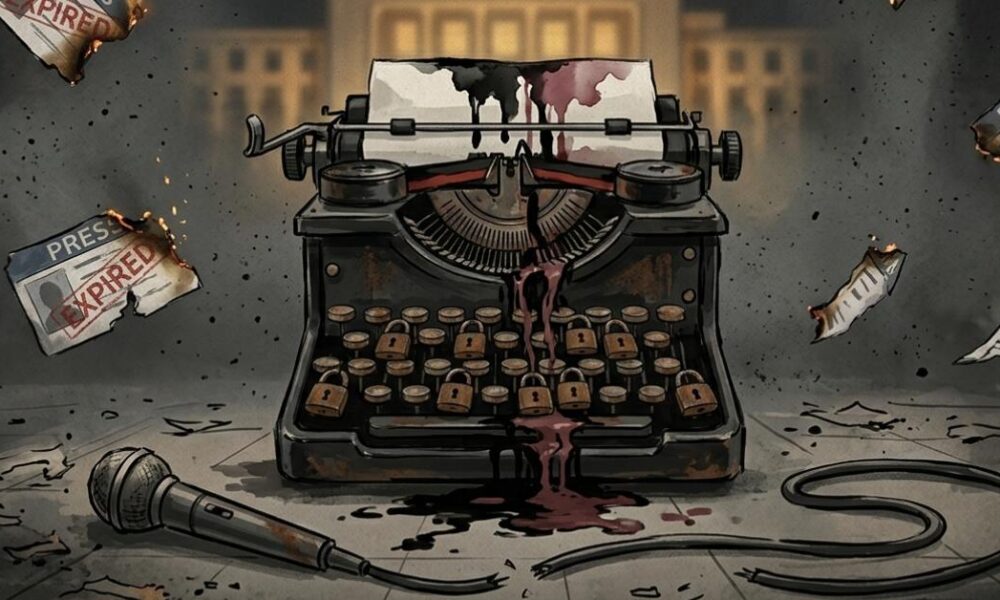 A vintage typewriter with expired press cards — symbol of Morocco's ailing journalism