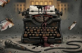 A vintage typewriter with expired press cards — symbol of Morocco's ailing journalism
