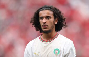 Ayyoub Bouaddi warms up for Lille amid reports of a move to Manchester City.