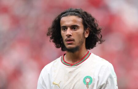 Ayyoub Bouaddi warms up for Lille amid reports of a move to Manchester City.